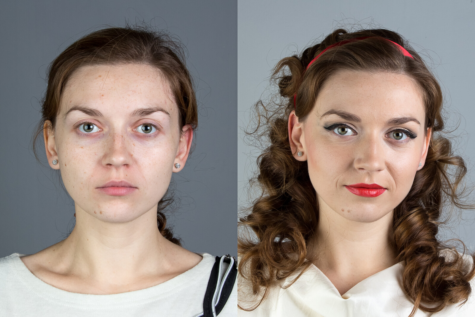 before and after shot of a woman before and after some hair and makeup has been done