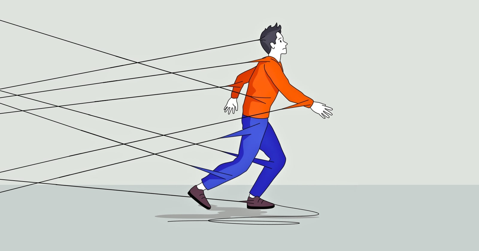 illustration of a man wearing blue pants and a red top being pulled back by several black lines