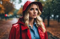 blonde woman wearing a red rain coat walking in her local park in autum, the shot shows visible raindrops