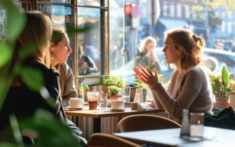two women sitting in a cafe, one appears disgruntled that the other keeps interrupting her