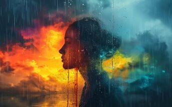 an artistic illustration of a woman surrounded by colorful storm clouds with visible rain