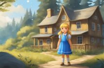 illustration of the fairytale character Goldilocks standing outside the three bears' house in the woods
