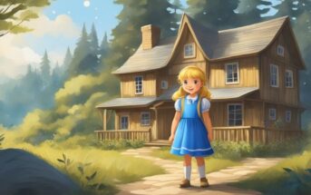 illustration of the fairytale character Goldilocks standing outside the three bears' house in the woods