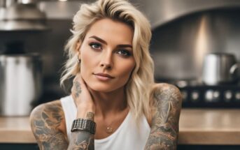 blonde woman with arm tattoos looking at camera in kitchen setting