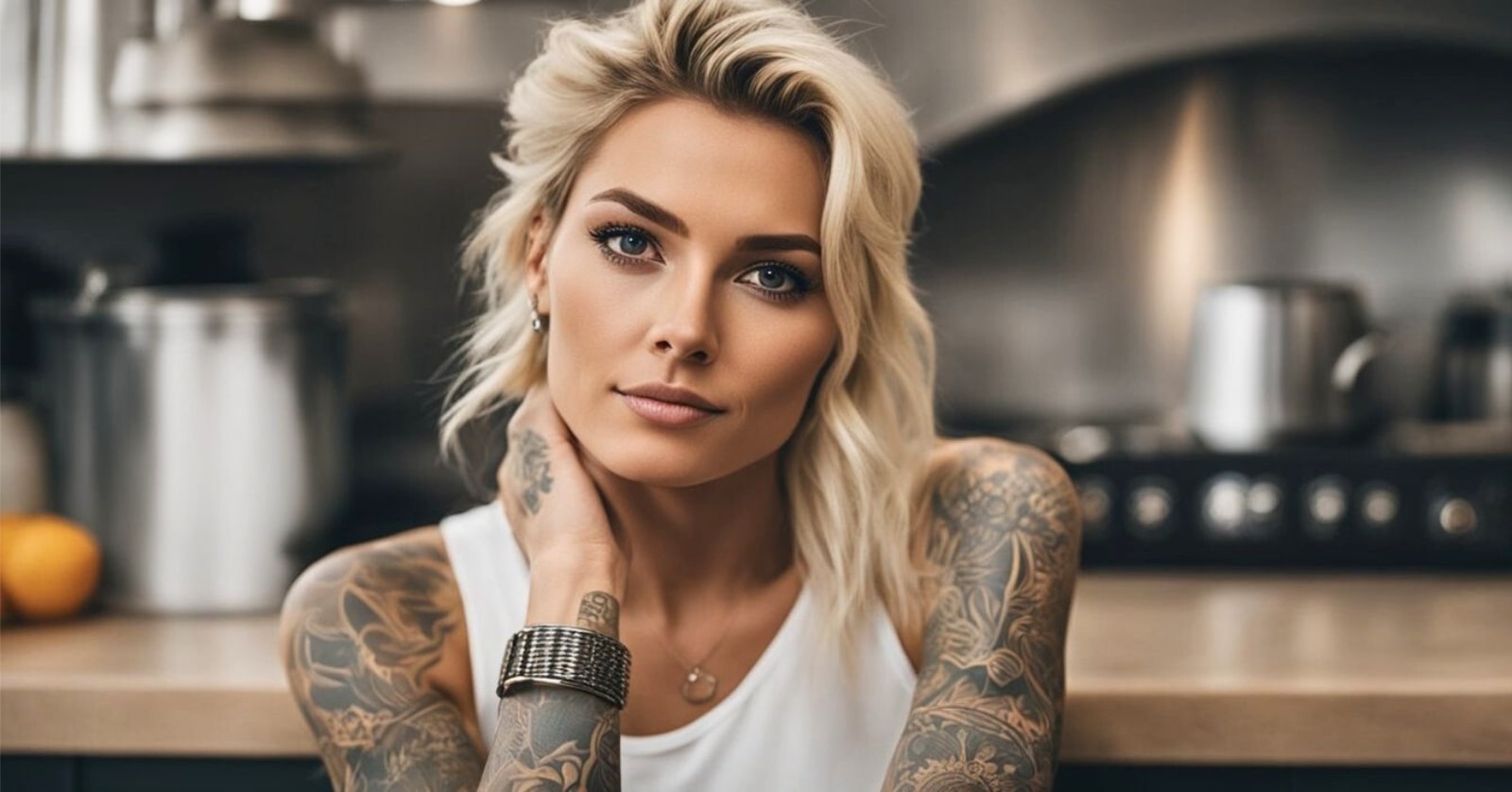 blonde woman with arm tattoos looking at camera in kitchen setting