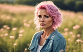 young woman with pink hair wearing a denim jacket with a flower meadow in the background. She has a pensive expression on her face.