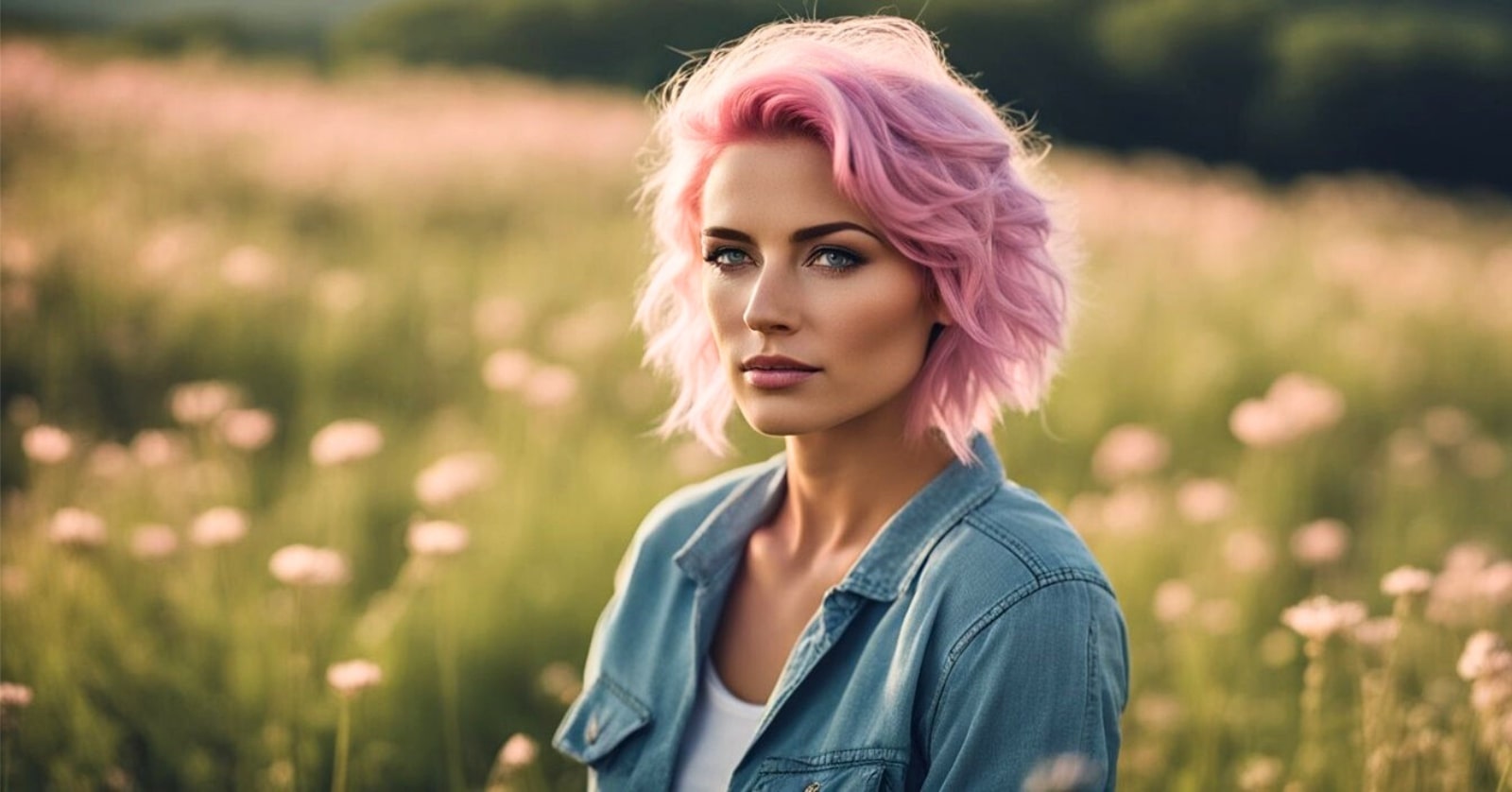 young woman with pink hair wearing a denim jacket with a flower meadow in the background. She has a pensive expression on her face.