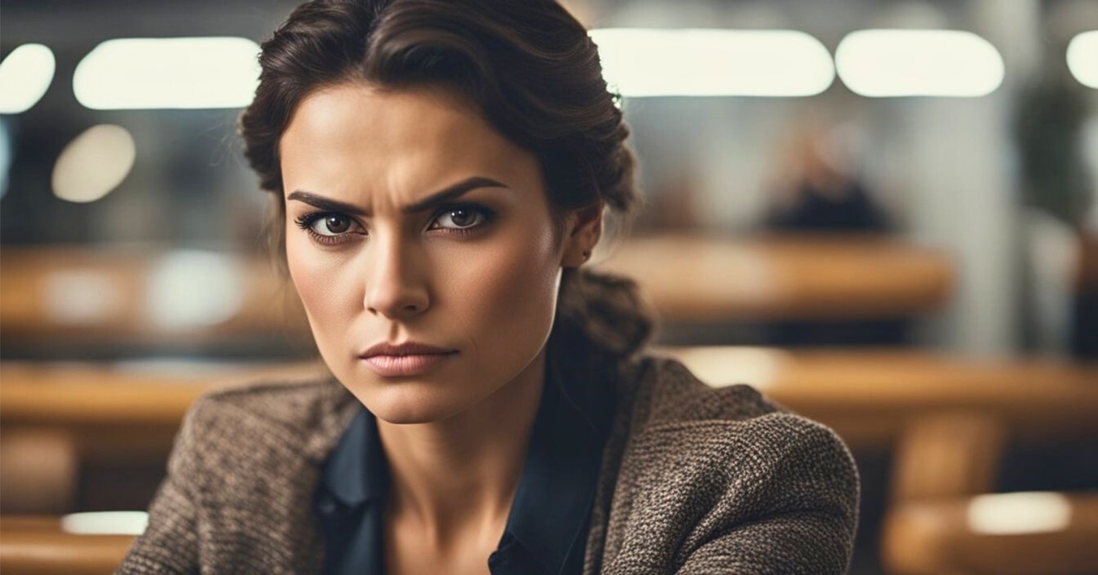 brunette woman with a furrowed brow with an offended expression on her face