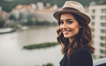 smiling young brunette woman overlooking city and river from a balcony