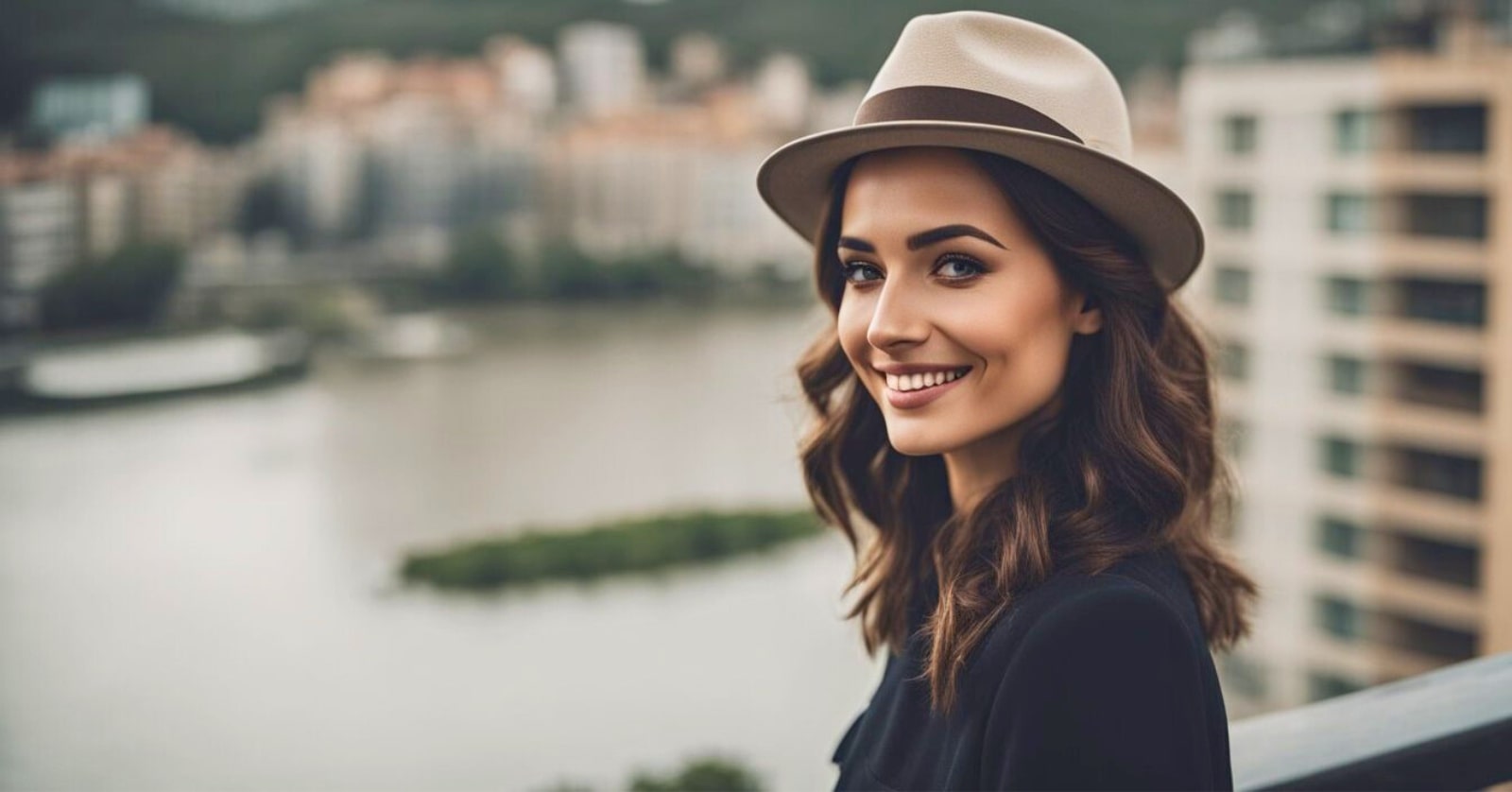 smiling young brunette woman overlooking city and river from a balcony