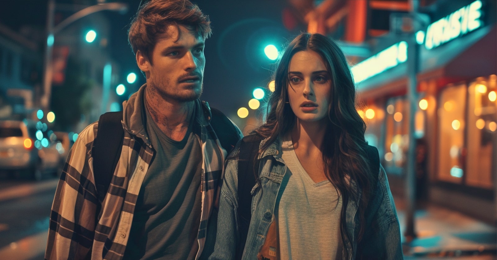 a young man and woman walk down a street at night, the woman has a somewhat pensive scared expression on her face as if the man is controlling her