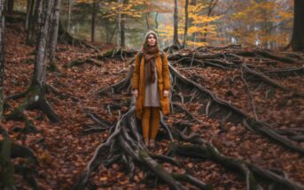 woman dressed warmly standing in the forest surrounded by large tree roots and autumnal leaves
