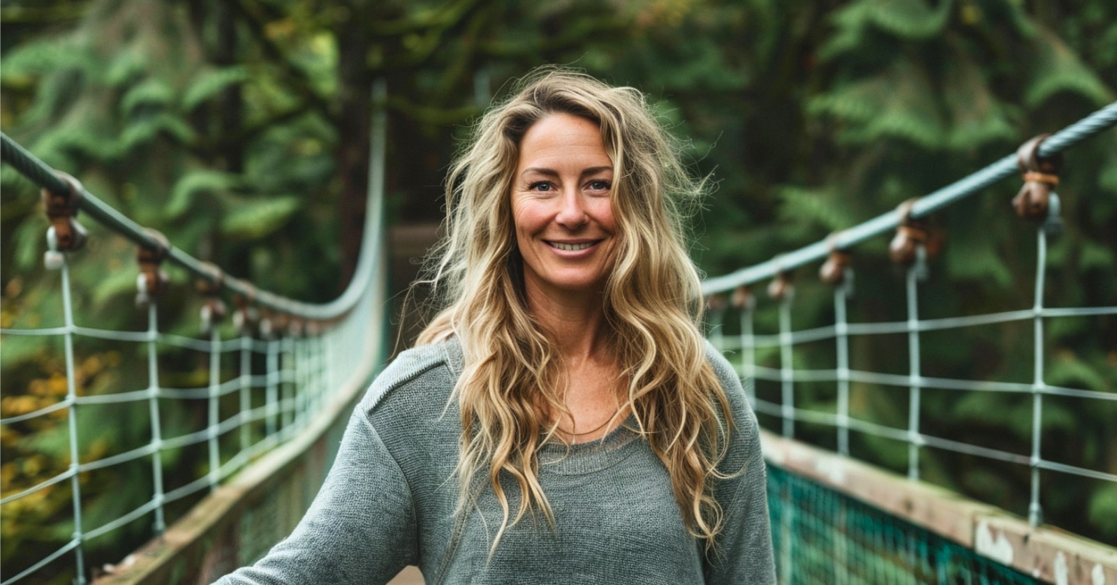 a woman in her 40s wearing natural comfortable clothing stands on a bridge with trees in the background