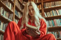 a chav woman in a red tracksuit reading a book in a library