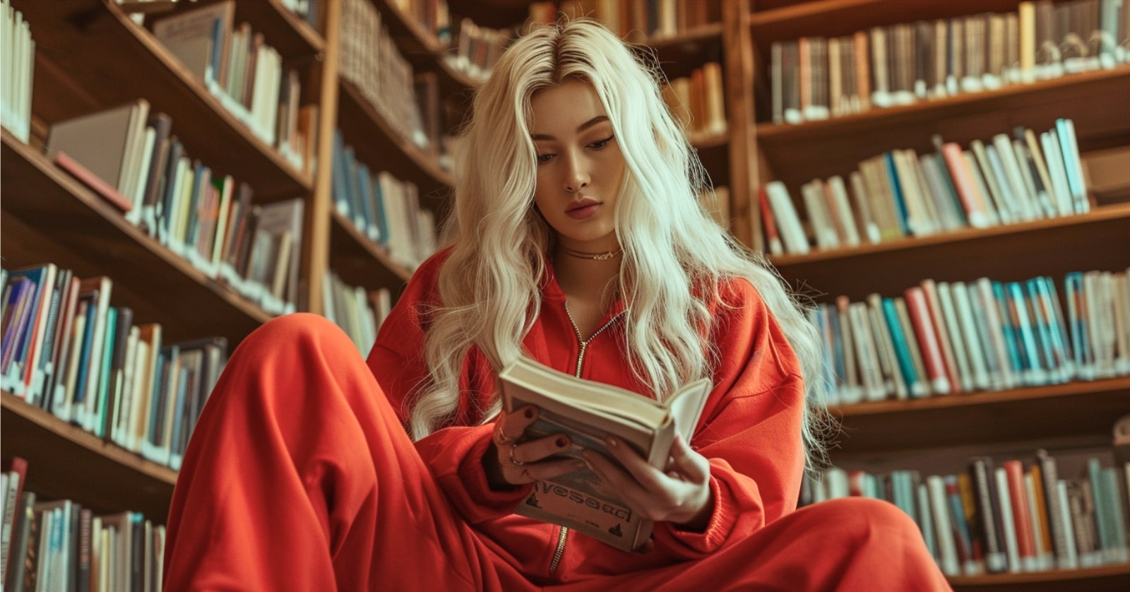 a chav woman in a red tracksuit reading a book in a library
