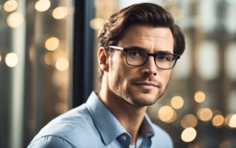 a successful looking man in his late 30s with brown hair and glasses. he is wearing a blue collared shirt
