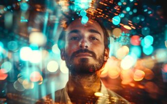 a man's face and shoulders set amid the colorful blurry lights of a cityscape