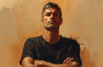 man with crossed arms and dismissive look on his face as if to deny a mistake, the image is a digital painting style
