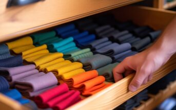 a man's hand pulls open a dresser drawer to reveal perfectly organized color co-ordinated socks