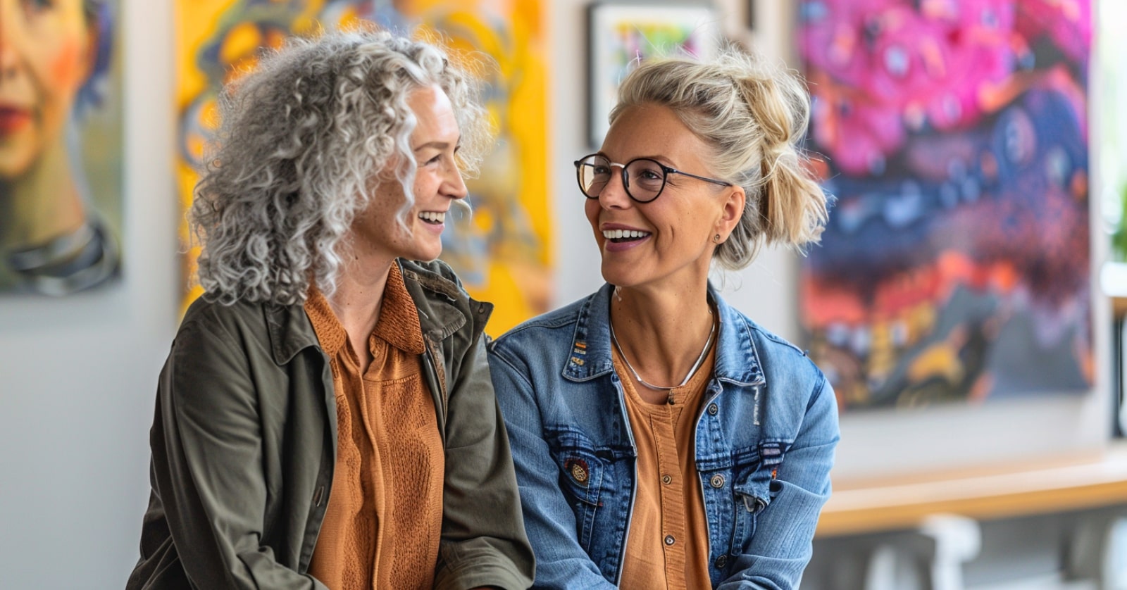 two smiling women in conversation while sitting on a bench at an art gallery