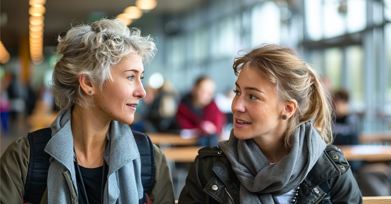 two women in conversation in a cafe setting, one listening intently while the other speaks