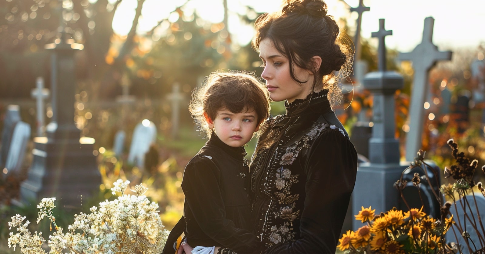 young woman holding her son, they are both dressed in black funeral attire, they are standing in a graveyard
