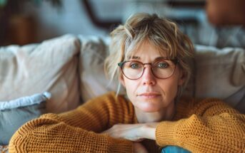 a middle-aged woman wearing glasses and a knitted orange jumper sits on her couch with a bored expression on her face