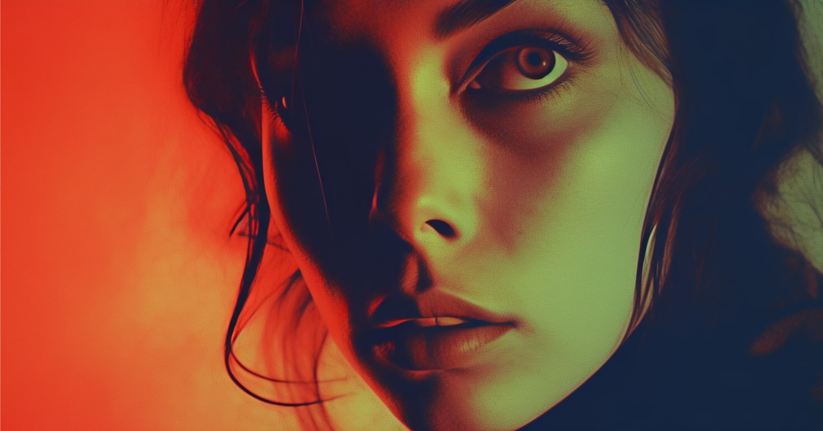 closeup of a young woman's face with creepy red lighting in the style of 1970s horror