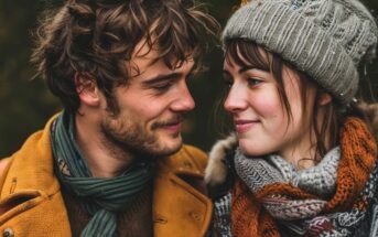 a couple wearing winter clothing gaze lovingly at each other