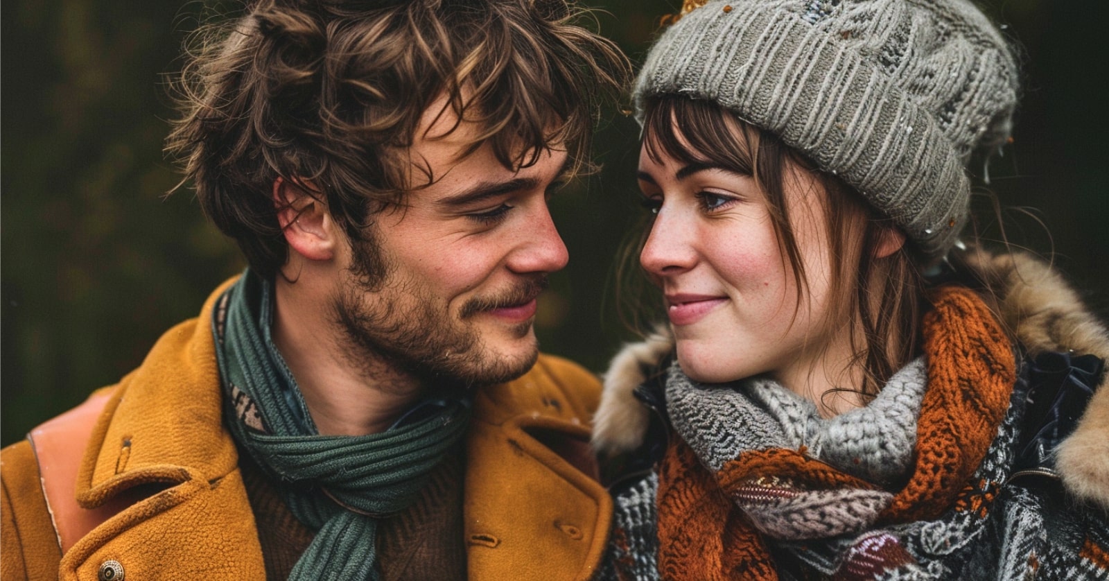 a couple wearing winter clothing gaze lovingly at each other