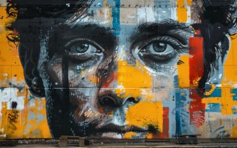 graffiti art of a man's face with blues and reds and oranges along with black details