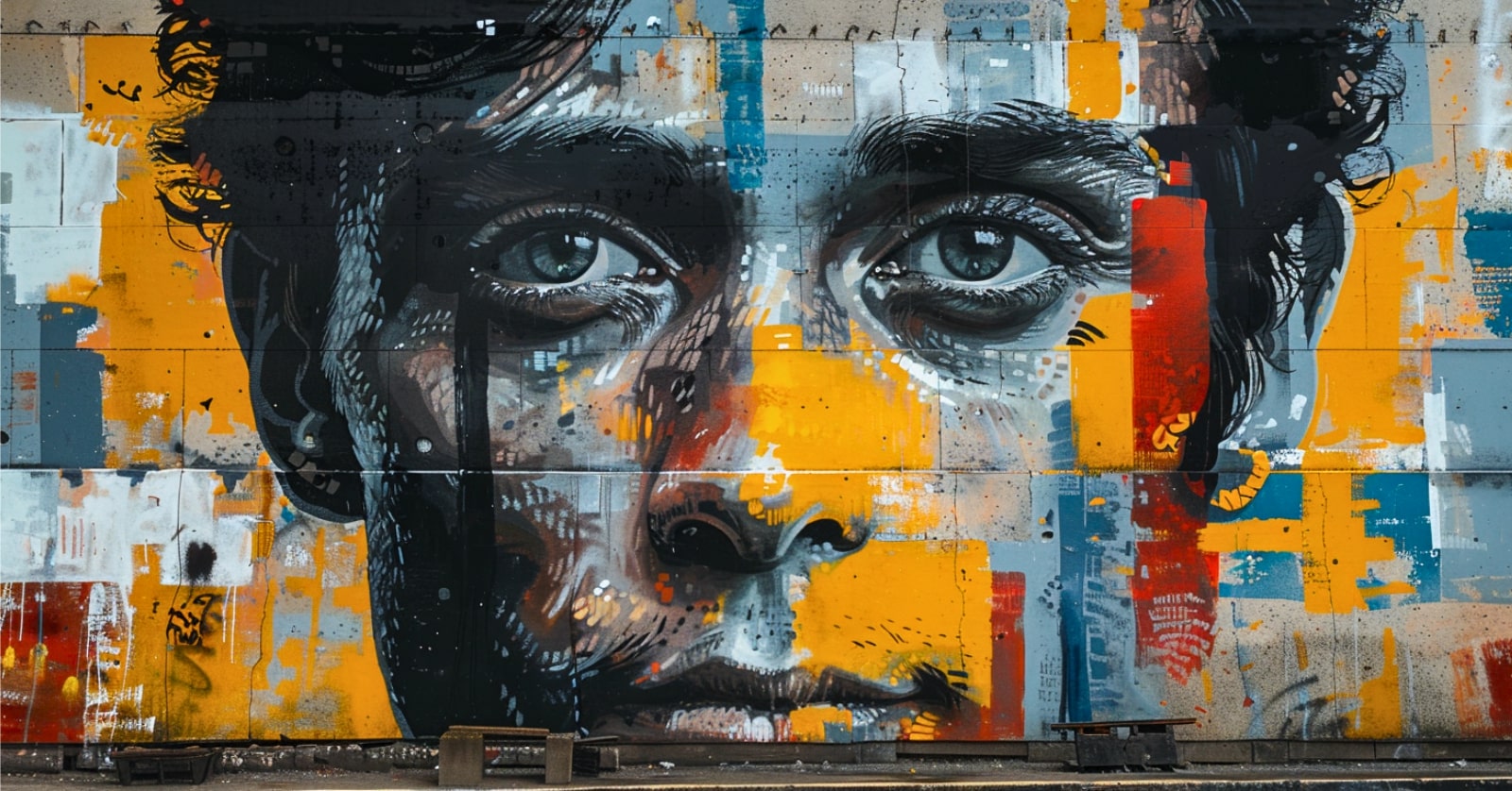 graffiti art of a man's face with blues and reds and oranges along with black details