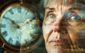 double exposure image of a regretful looking middle aged woman and a clock face