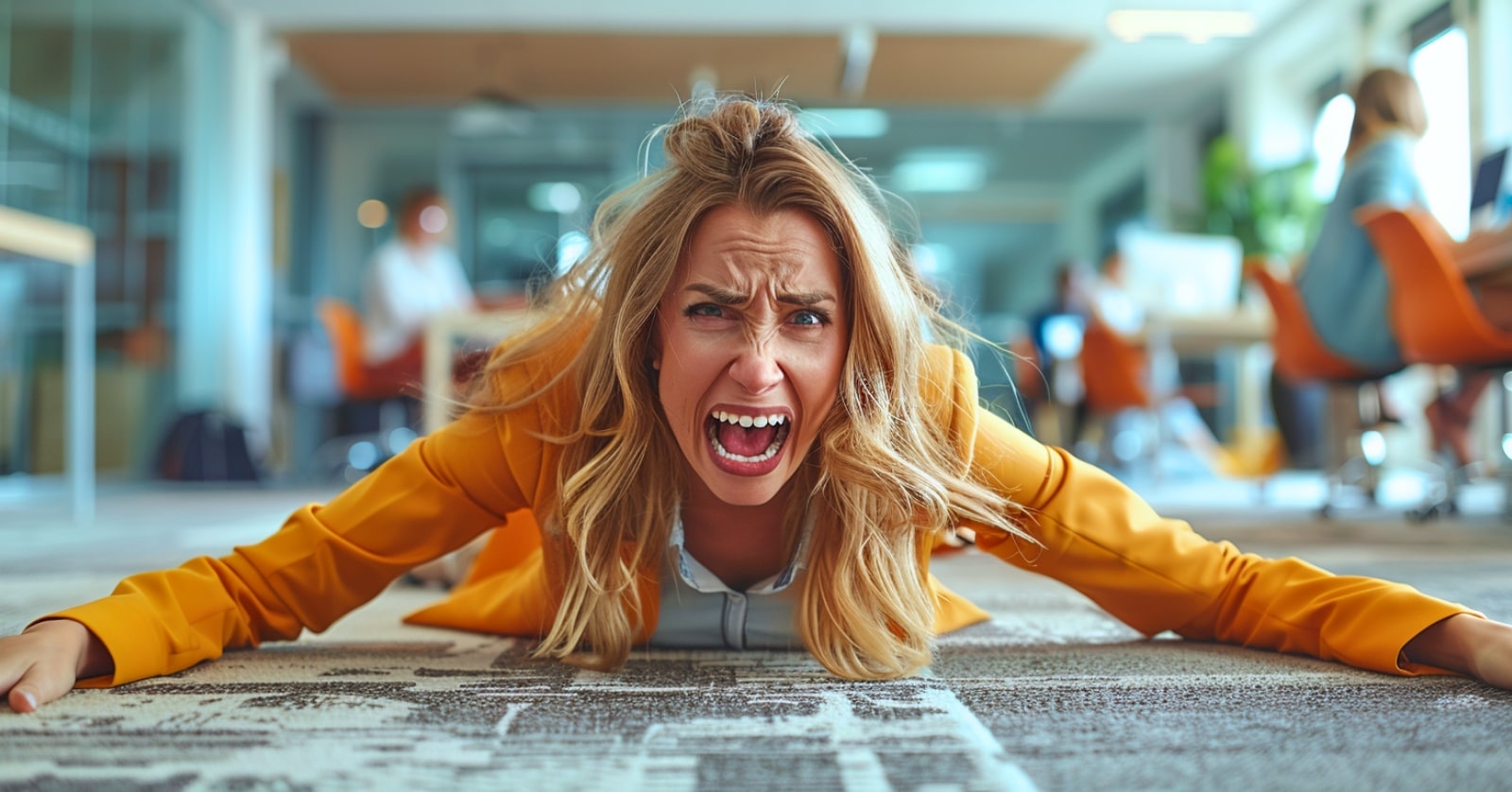 a woman in an orange suit jacket having a tantrum on the floor of a bright office while her colleagues work in the background