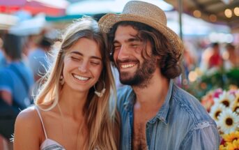 a young bohemian-looking couple smiling as they stand next to each other among an outdoor market
