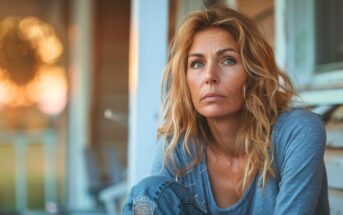 a middle-aged woman with dirty blonde hair wearing a blue casual top sits on her porch at dusk with a regretful expression on her face