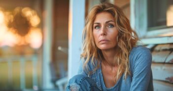 a middle-aged woman with dirty blonde hair wearing a blue casual top sits on her porch at dusk with a regretful expression on her face