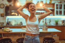 quirky young woman dancing in her kitchen with her hands in the air and an expression of joy on her face