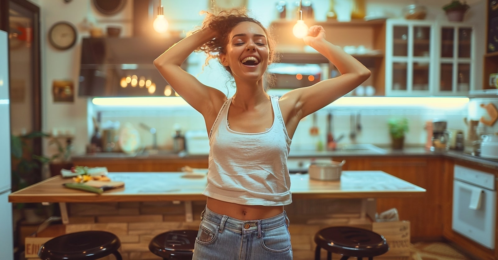 quirky young woman dancing in her kitchen with her hands in the air and an expression of joy on her face