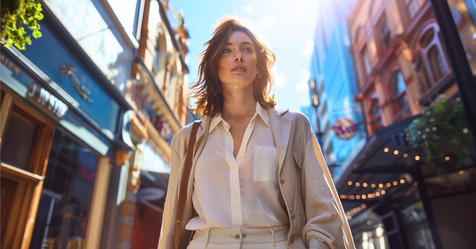 A classy-looking young lady in sophisticated casual clothing walks down a city side street with blue skies above her