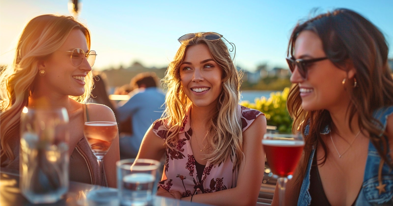 three young women smiling and drinking at a rooftop bar with blue skies and sun