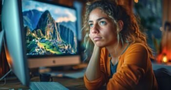 an unfulfilled young woman sitting in her dark bedroom staring longingly at her computer screen which has images of Machu Picchu on it