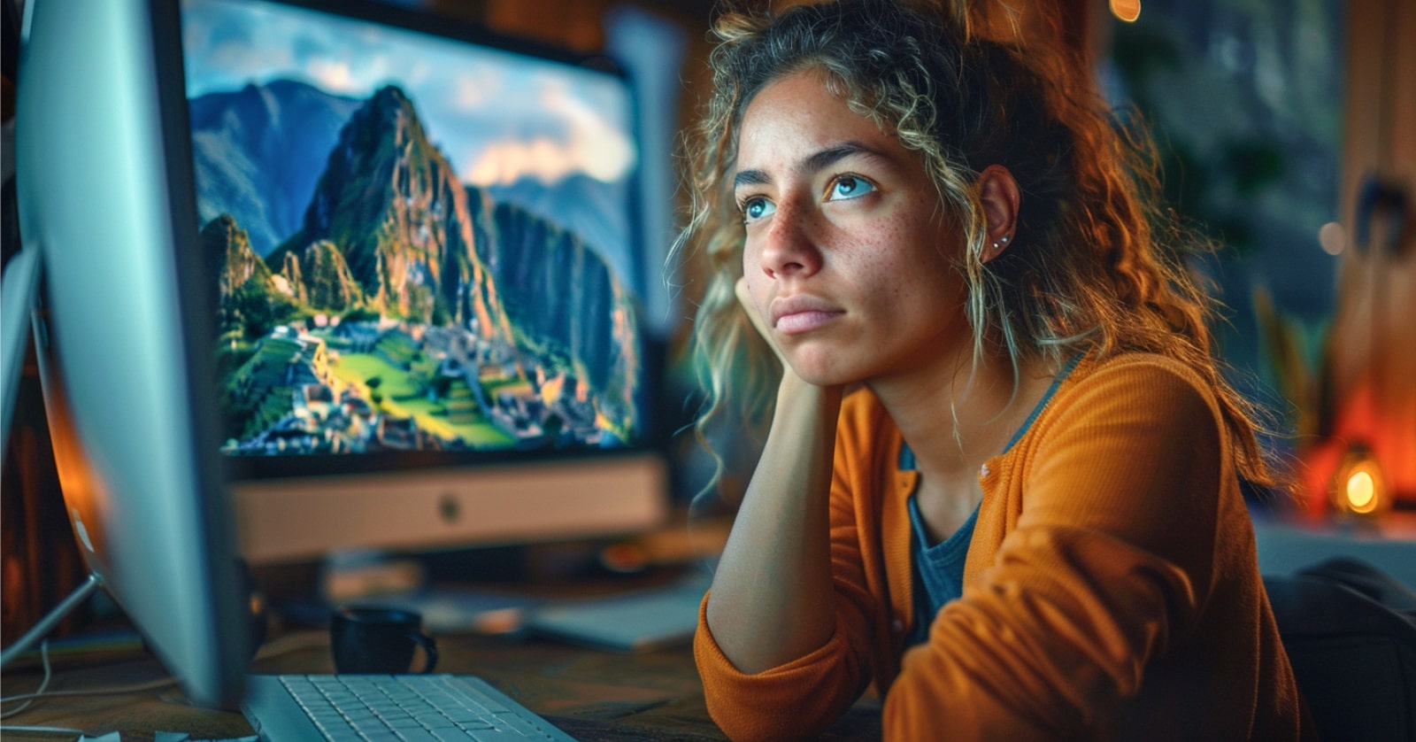 an unfulfilled young woman sitting in her dark bedroom staring longingly at her computer screen which has images of Machu Picchu on it