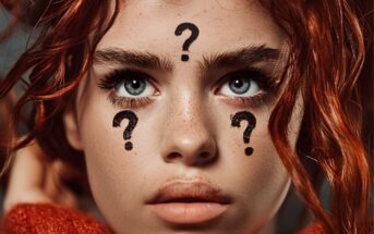 A person with blue eyes and red hair has three large black question marks painted on their forehead and cheeks. The expression is serious and the image is closely cropped to show facial details.