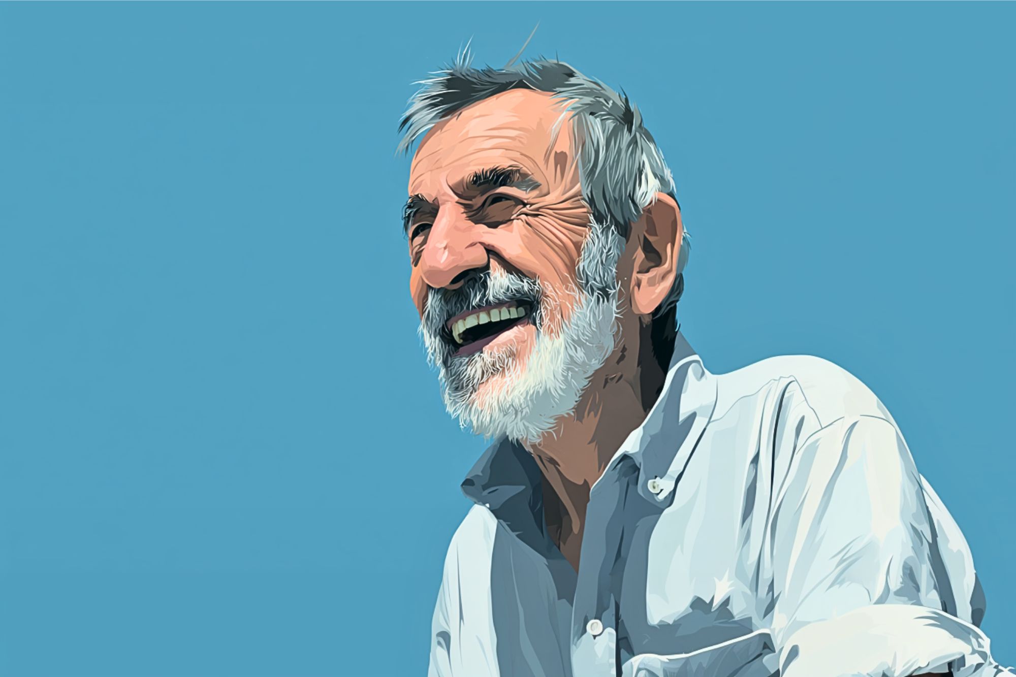 A digital illustration of an older man with gray hair and a beard, wearing a light-colored button-up shirt, smiling against a clear blue sky.