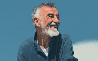 A smiling older man with gray hair and a beard, wearing a blue shirt, stands against a clear blue sky. The image has a painted, artistic style.