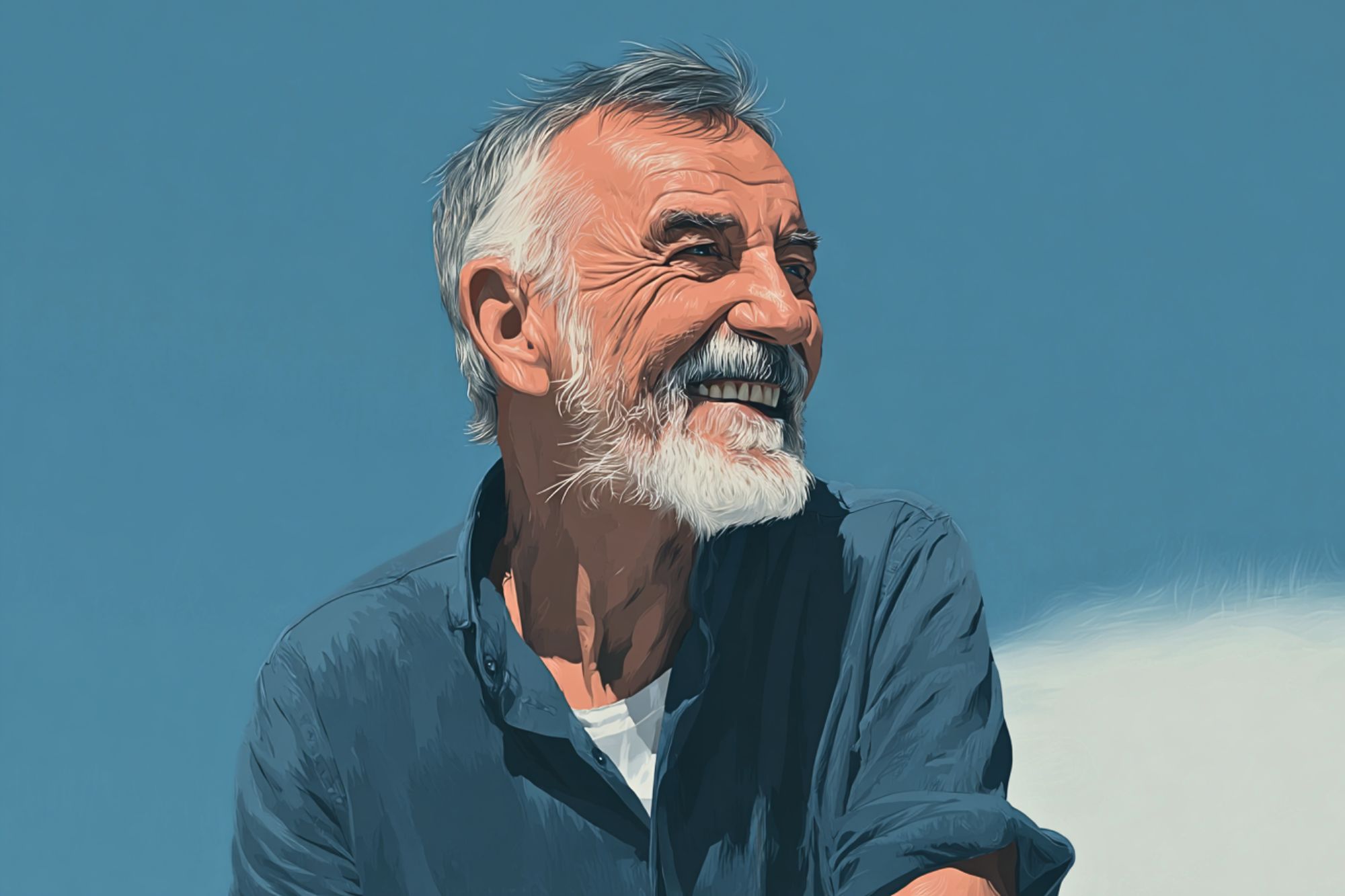 A smiling older man with gray hair and a beard, wearing a blue shirt, stands against a clear blue sky. The image has a painted, artistic style.