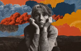 A black-and-white photo of a pensive child resting their chin on their hands is overlaid on a colorful, surreal background with red, orange, blue clouds, and abstract patterns.