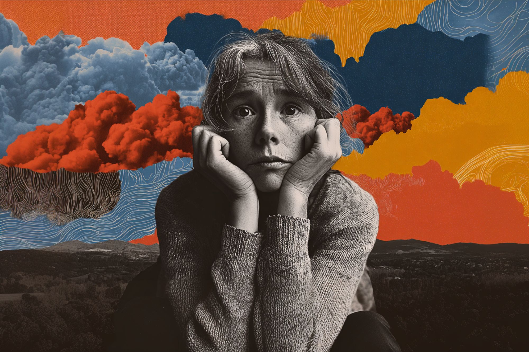 A black-and-white photo of a pensive child resting their chin on their hands is overlaid on a colorful, surreal background with red, orange, blue clouds, and abstract patterns.