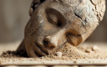 A weathered stone sculpture of a peaceful, closed-eye face lies partially buried in sand, with cracks and sand covering its surface, suggesting age and decay.